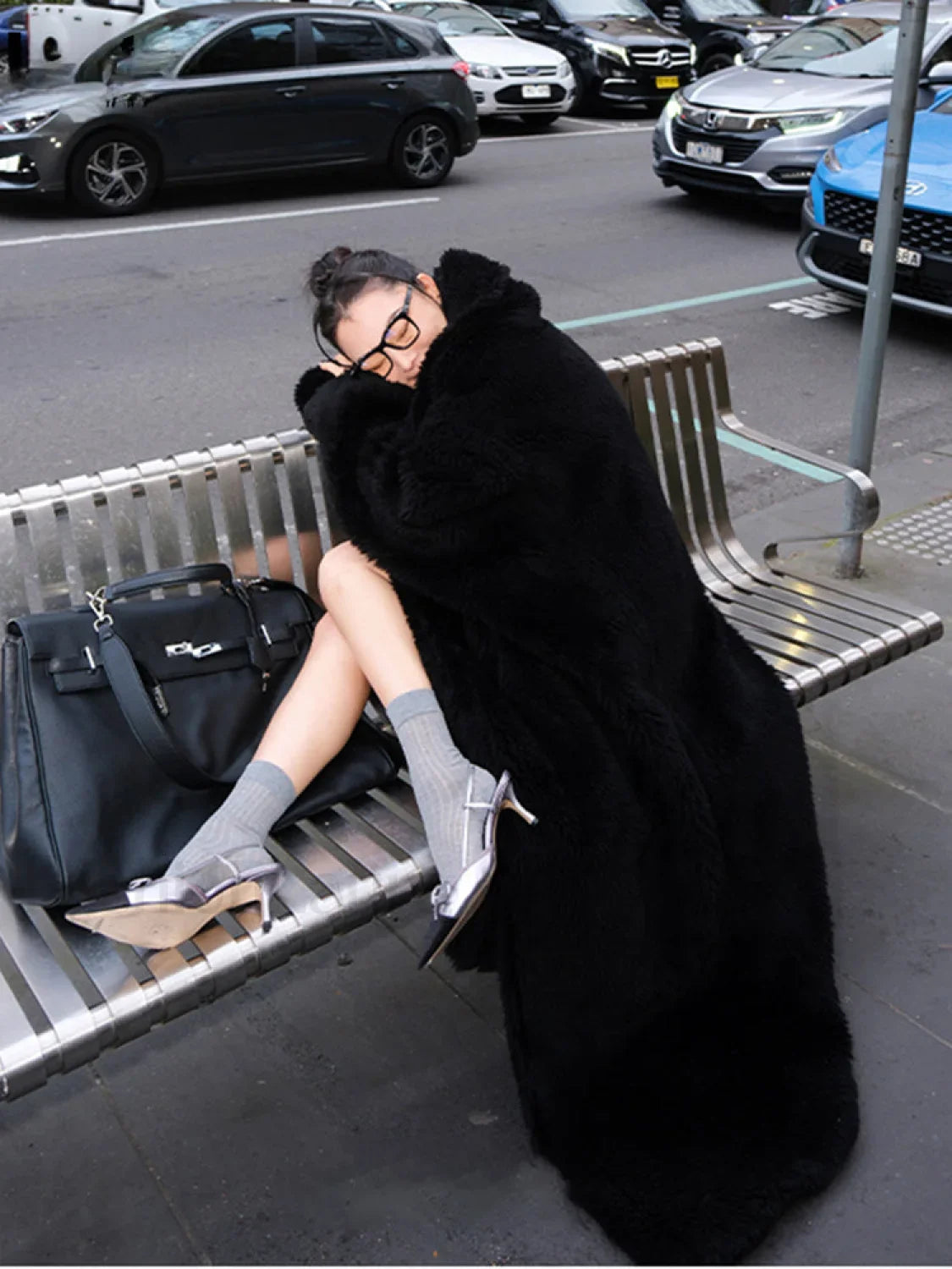 Lautaro Winter Extra Long Oversized Warm Thick Black Soft Fluffy Hairy Faux Fur Overcoats