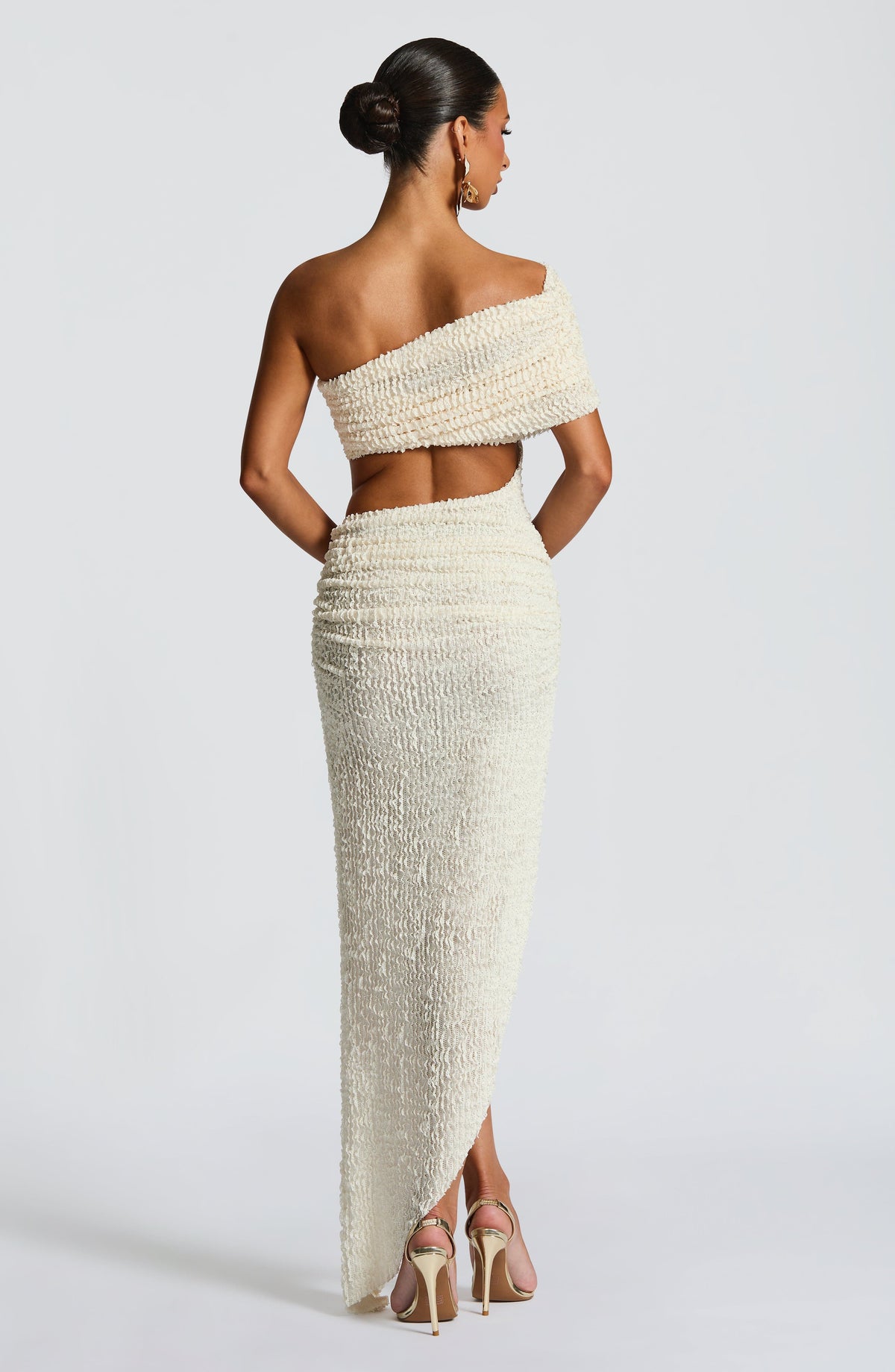 Textured Sequin One Shoulder Ruched High Split Maxi Dress 2