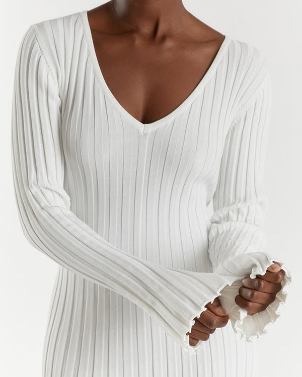 Zaira Long Sleeve Knit Midi Dress with V-neck for Women Modern Outfit