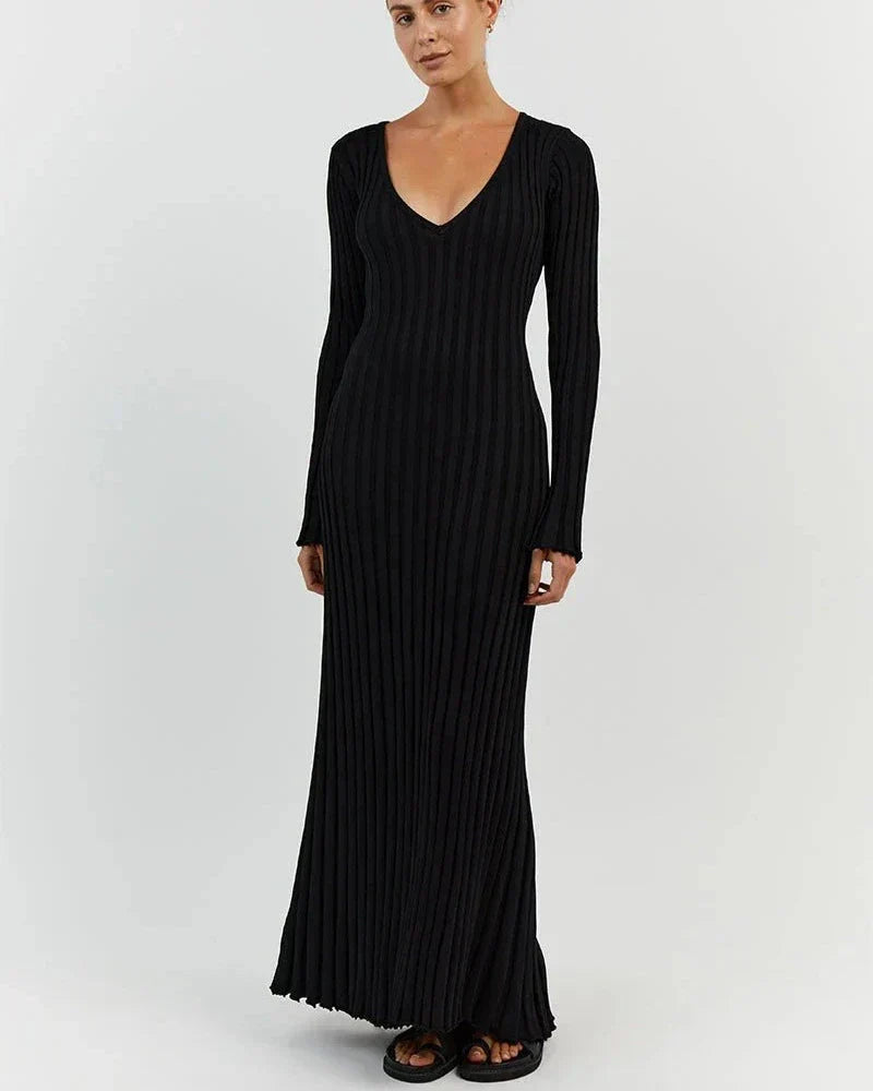 Zaira Long Sleeve Knit Midi Dress with V-neck for Women Modern Outfit
