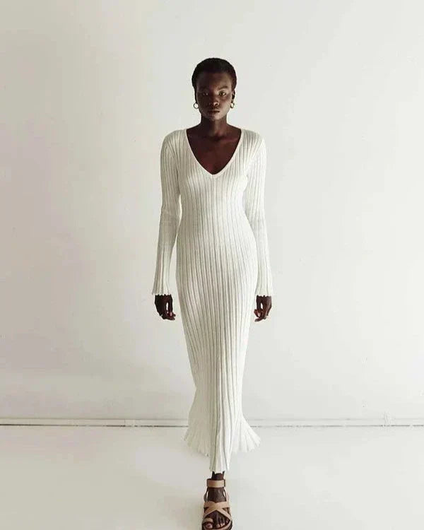 Zaira Long Sleeve Knit Midi Dress with V-neck for Women Modern Outfit