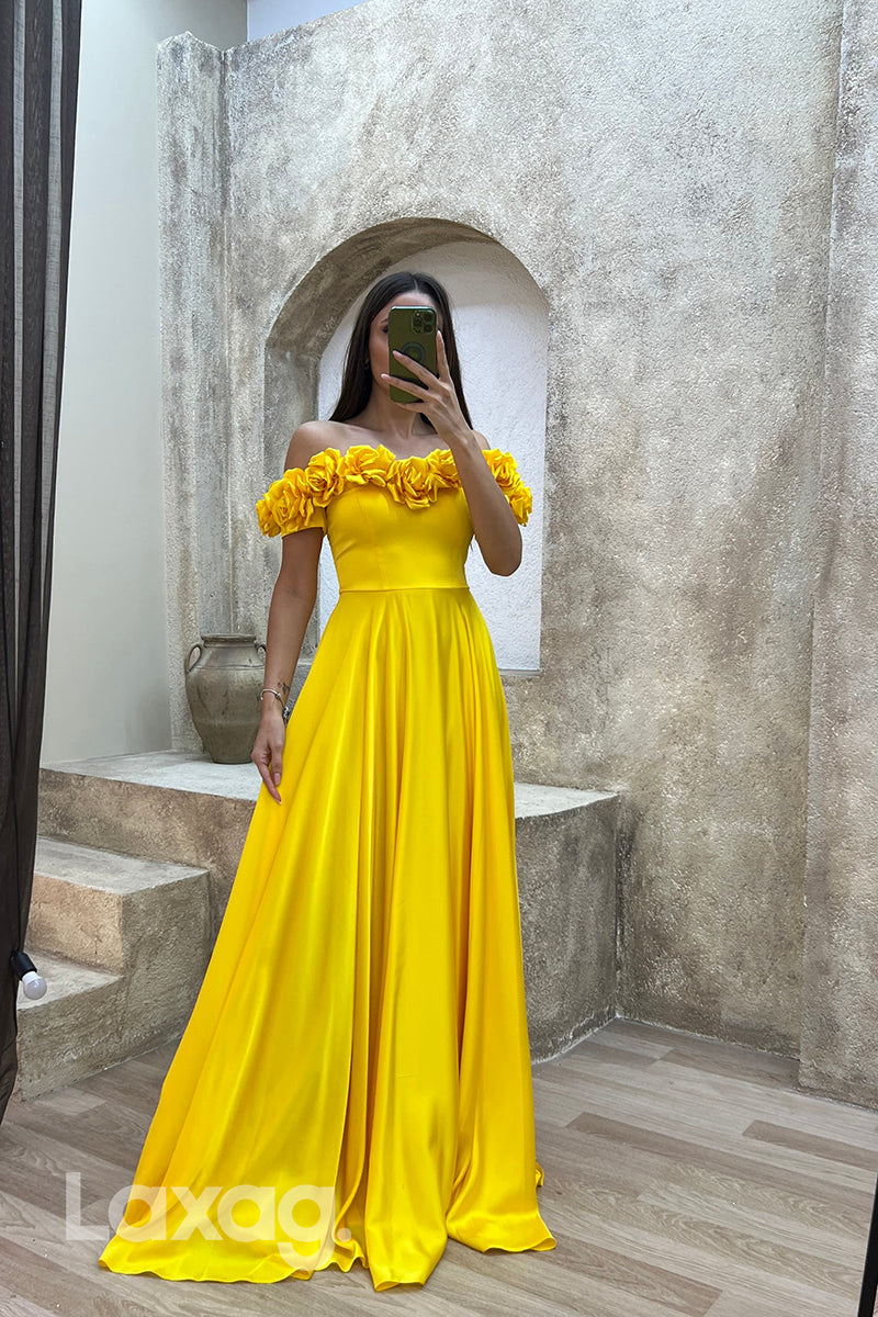 22071 - A Line Off Shoulder Flowers Long Formal Prom Dress