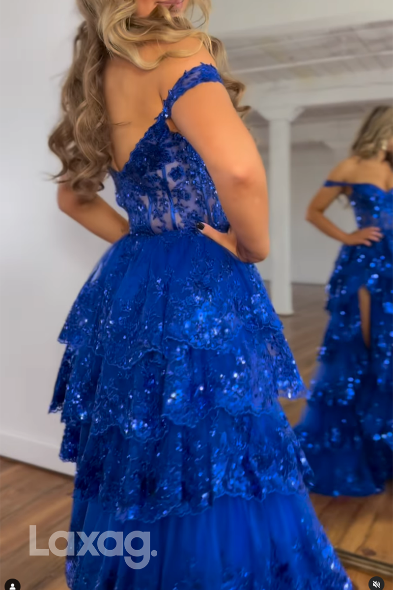 21945 - Off Shoulder Sequins Tiered Long Prom Party Dress with Slit