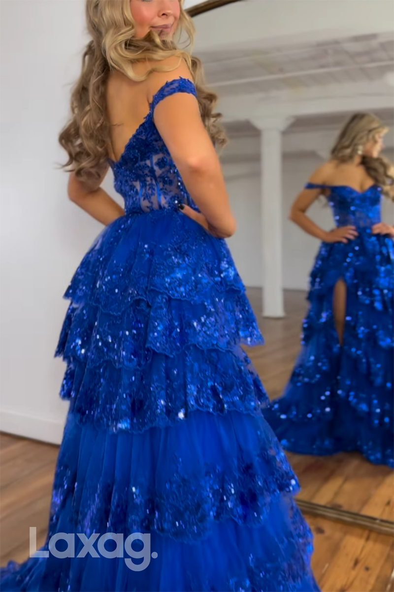 21945 - Off Shoulder Sequins Tiered Long Prom Party Dress with Slit