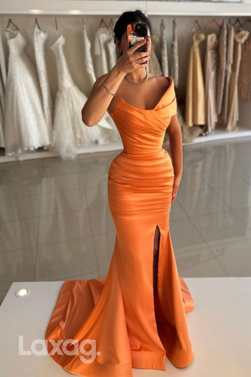 13798 - Off Shoulder Satin Ruched Mermaid Long Formal Prom Dress with Slit
