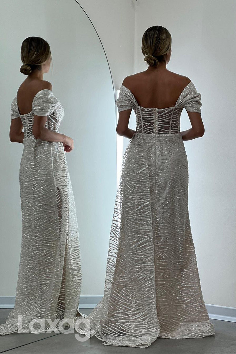 22047 - Off Shoulder Sparkly Long Formal Prom Dress with Slit