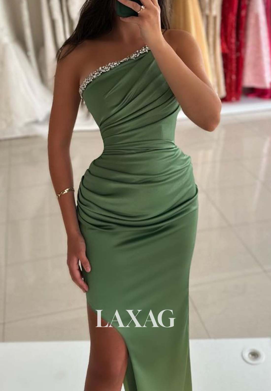 Sheath Asymmetrical-Neck One-Shoulder Sleeveless Beaded Long Formal Prom Dress with Slit