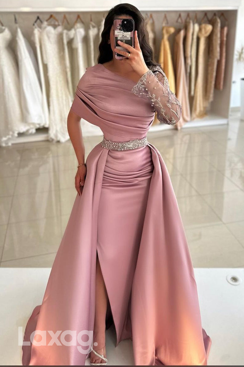 14723 - Chic One Shoulder Embroidery Ruched Mermaid Long Formal Evening Dress with Slit
