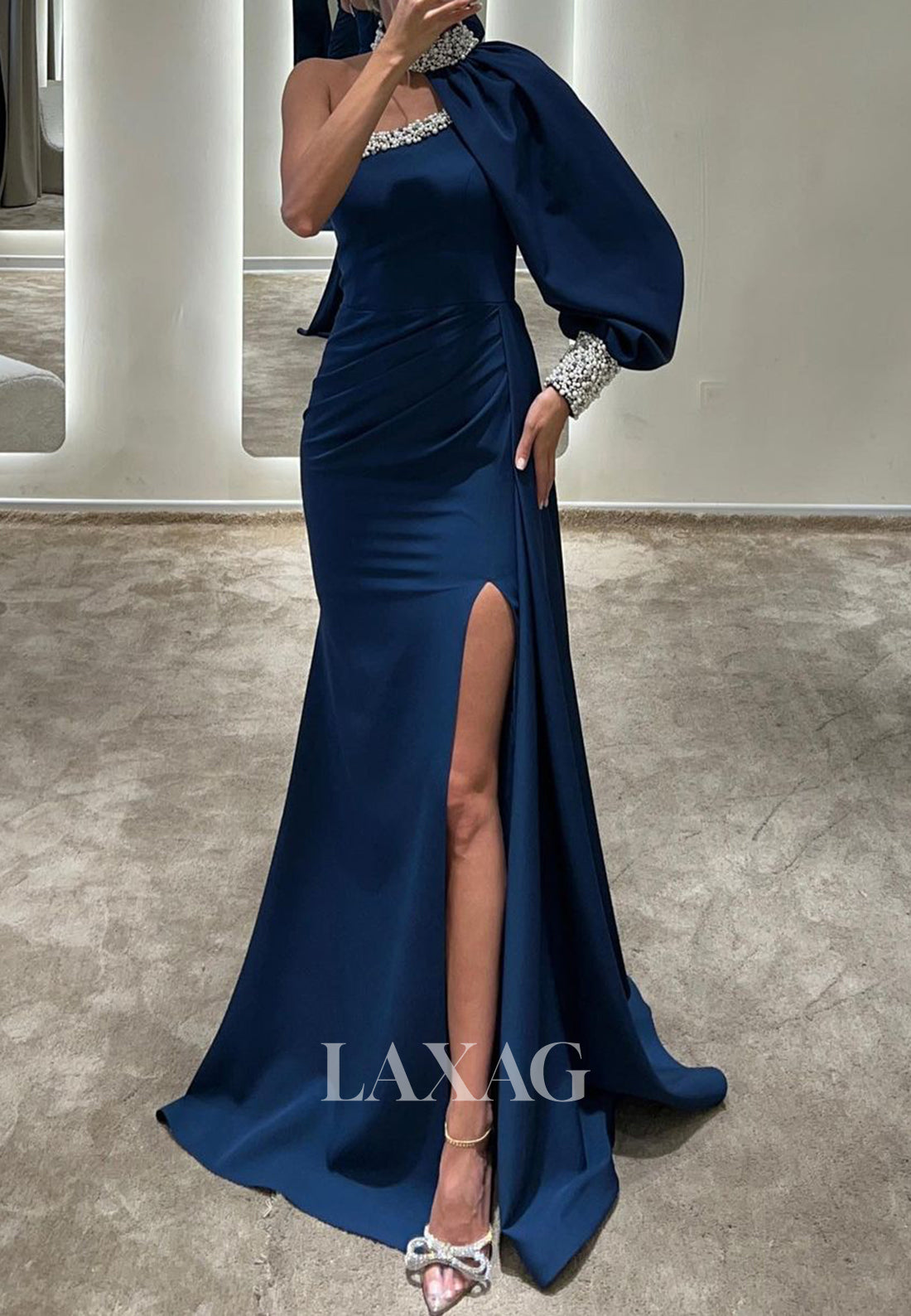 One-Long-Sleeve Mermaid Evening Dress Asymmetrical-Neck Beaded Pleated Mermaid Formal Gowns