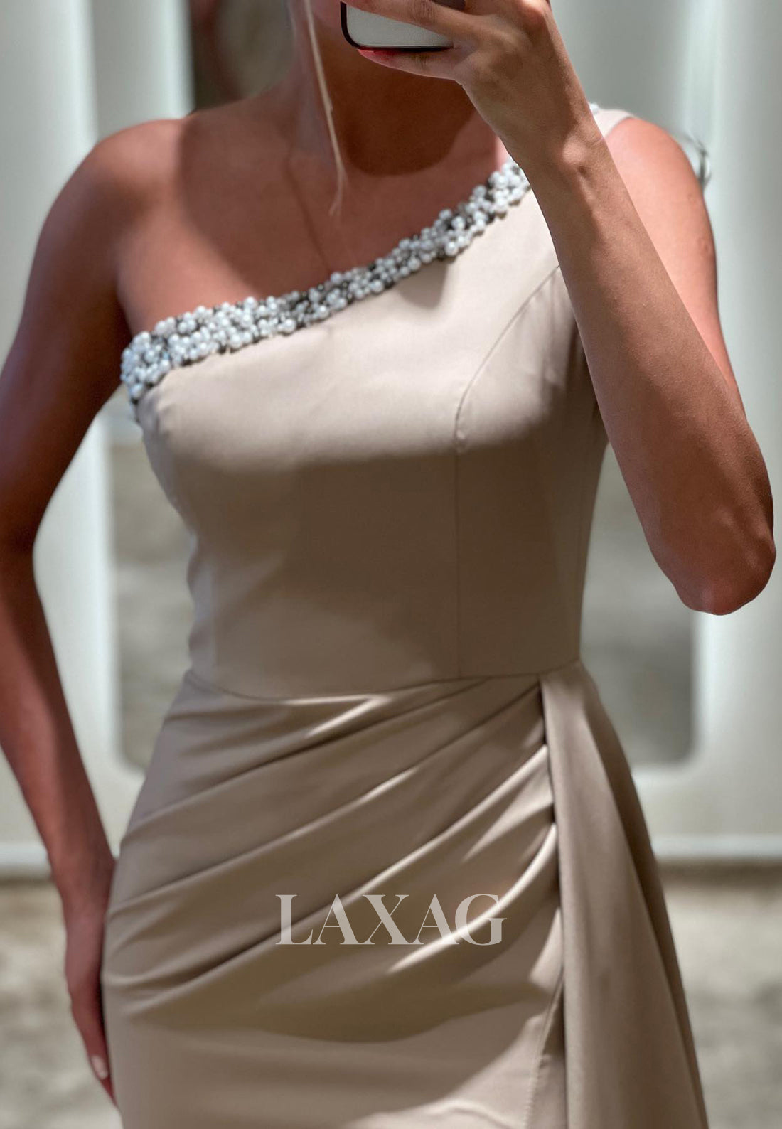 One-Long-Sleeve Mermaid Evening Dress Asymmetrical-Neck Beaded Pleated Mermaid Formal Gowns