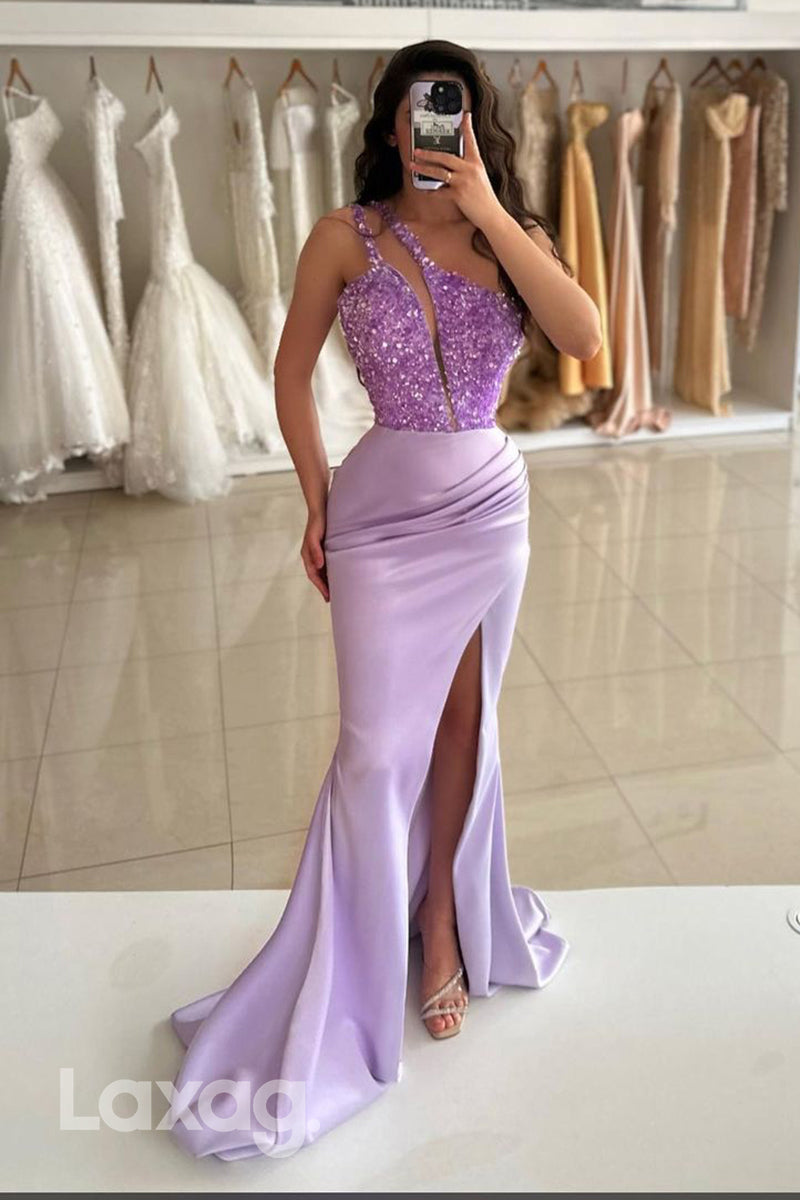 14719 - Unique One Shoulder Ruched Long Mermaid Formal Prom Dress with Slit