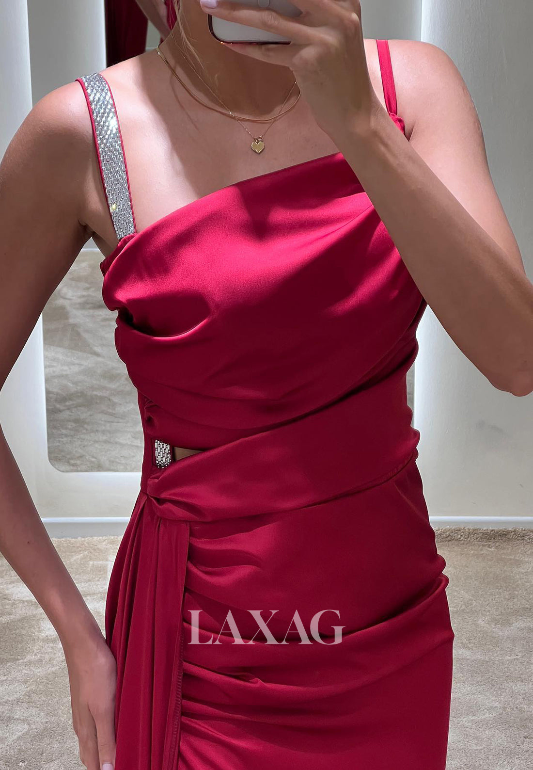 Asymmetrical-Neck Spaghetti Straps Formal Gowns Sleeveless Beaded Pleated Satin Prom Dress