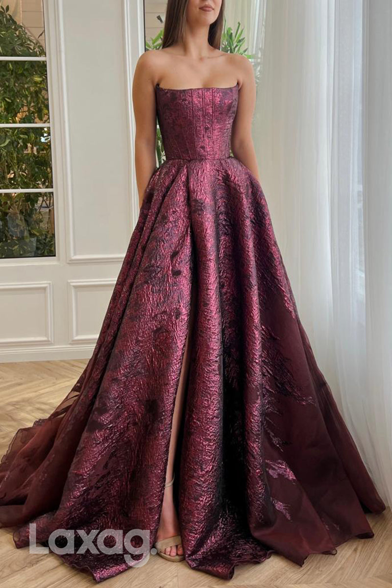 16709 - A Line Strapless High Split Burgundy Formal Prom Dress with Pockets
