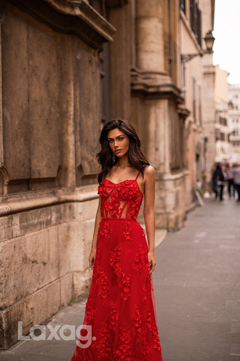 22079 - Spaghetti Straps 3D Lace Red Long A line Prom Dress