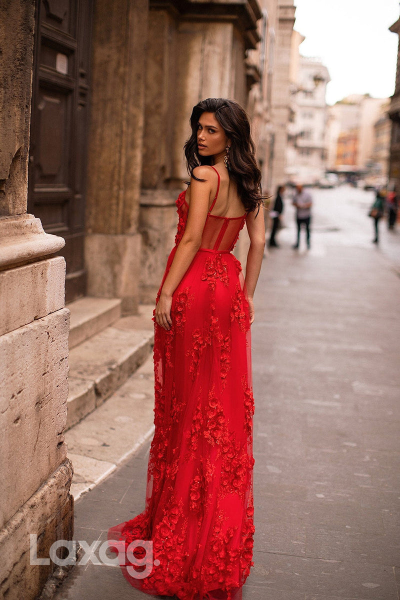 22079 - Spaghetti Straps 3D Lace Red Long A line Prom Dress