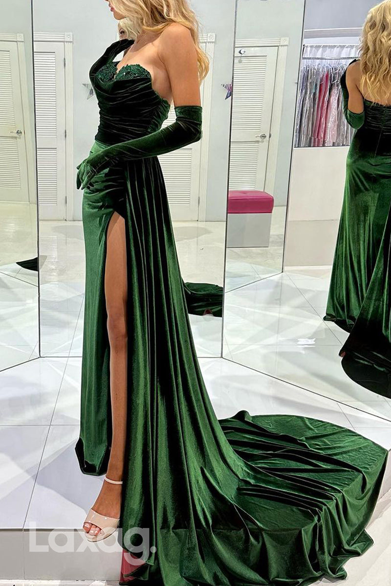 16738 - Sheath/Column Sweetheart Lace Velvet Formal Prom Dress with Slit