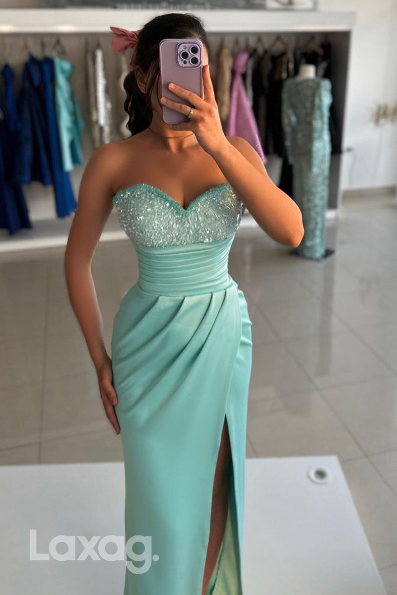 Sheath/Column Sweetheart Ruched Slit Long Formal Party Dress - FashionAxe