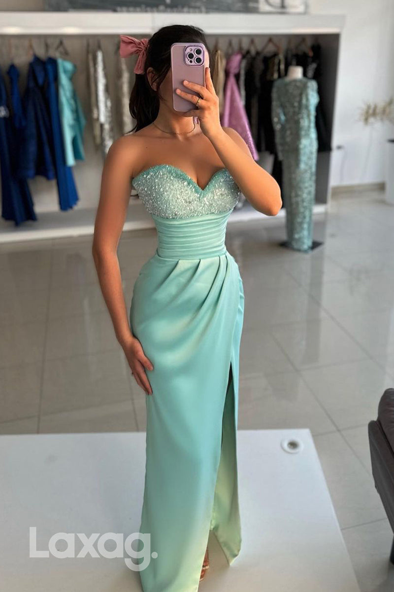 Sheath/Column Sweetheart Ruched Slit Long Formal Party Dress - FashionAxe