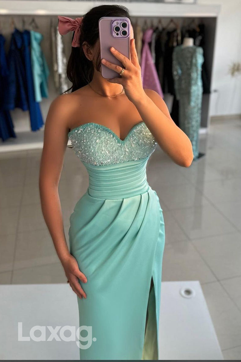 Sheath/Column Sweetheart Ruched Slit Long Formal Party Dress - FashionAxe