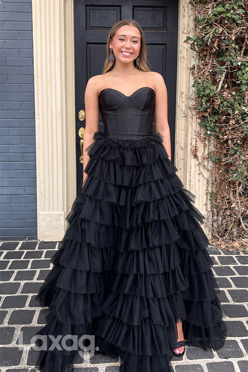 22009 - A Line Sweetheart Tulle Ruffles Long Formal Prom Dress