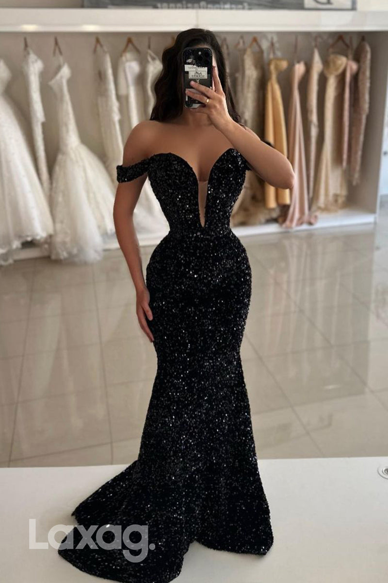 Plunging V neck Fully Sequins Mermaid Sparkly Prom Party Dress - FashionAxe