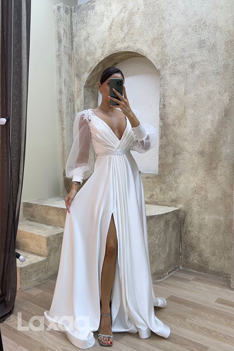 22074 - A Line Sexy V neck Ruched Long Sleeves Formal Evening Dress with Slit