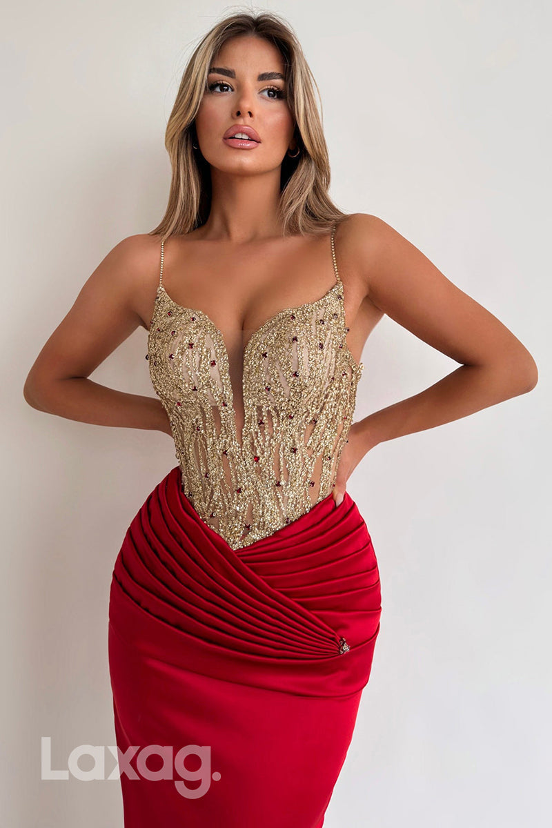 22041 - Plunging V neck Ruched Mermaid Long Formal Prom Dress