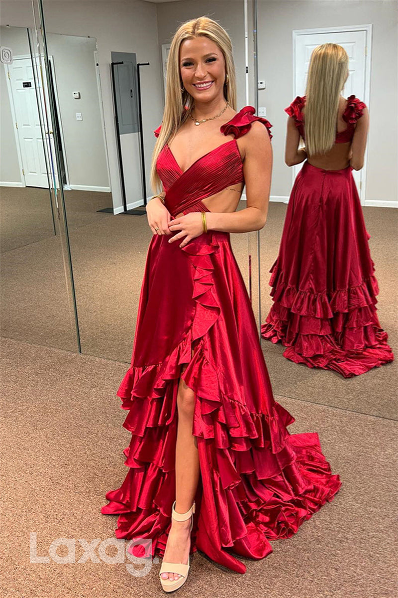 22015 - A Line V neck Ruched Long Semi Formal Prom Dress with Slit
