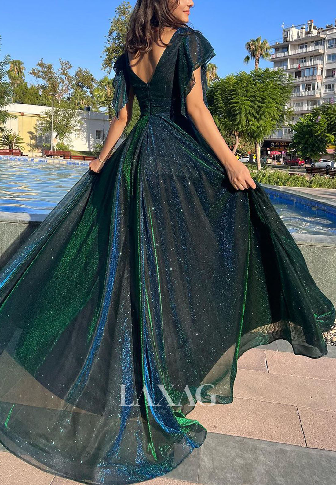 A-Line V-Neck Cap-Sleeves Formal Dress Glitter-Knit Pleated Tulle Prom Dress