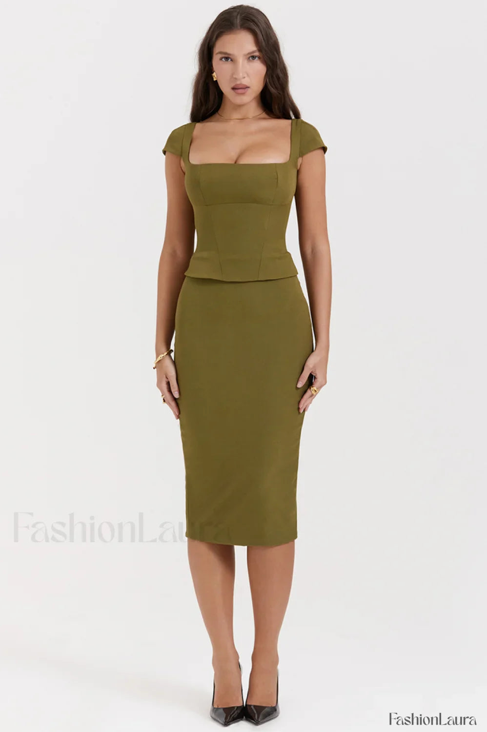 Layana Olive Stylish Corset Midi Dress