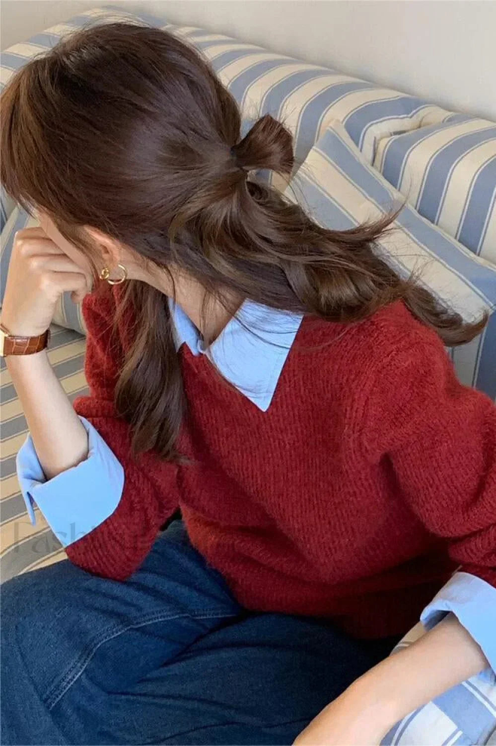 Layered Look Collared Knit Sweater Red / One Size