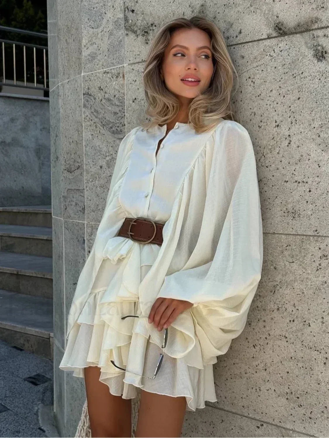 Long Sleeve Button Front Tiered Ruffle Mini Dress 2