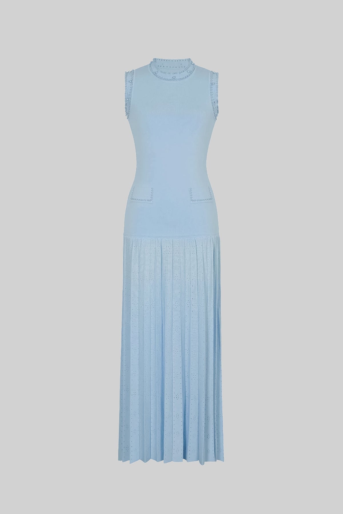 Knit Sleeveless Pearl Trim Drop Waist Sunray Pleated Midi Dress - View 5