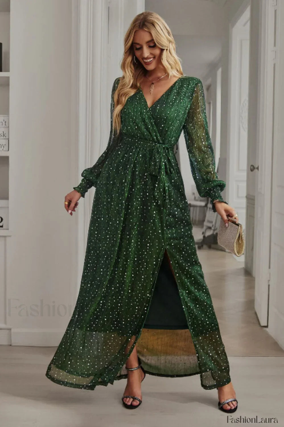 Leandra Front Split Charming Shimmer Maxi Dress