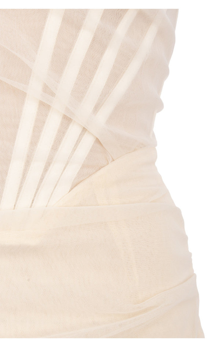 Strapless Sheer Mesh Corset Boning Ruched Bodycon Midi Dress 13