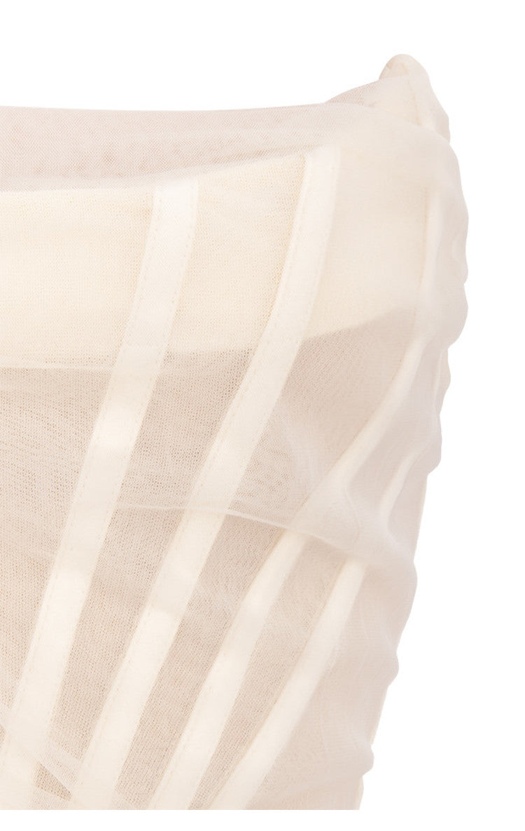 Strapless Sheer Mesh Corset Boning Ruched Bodycon Midi Dress 14