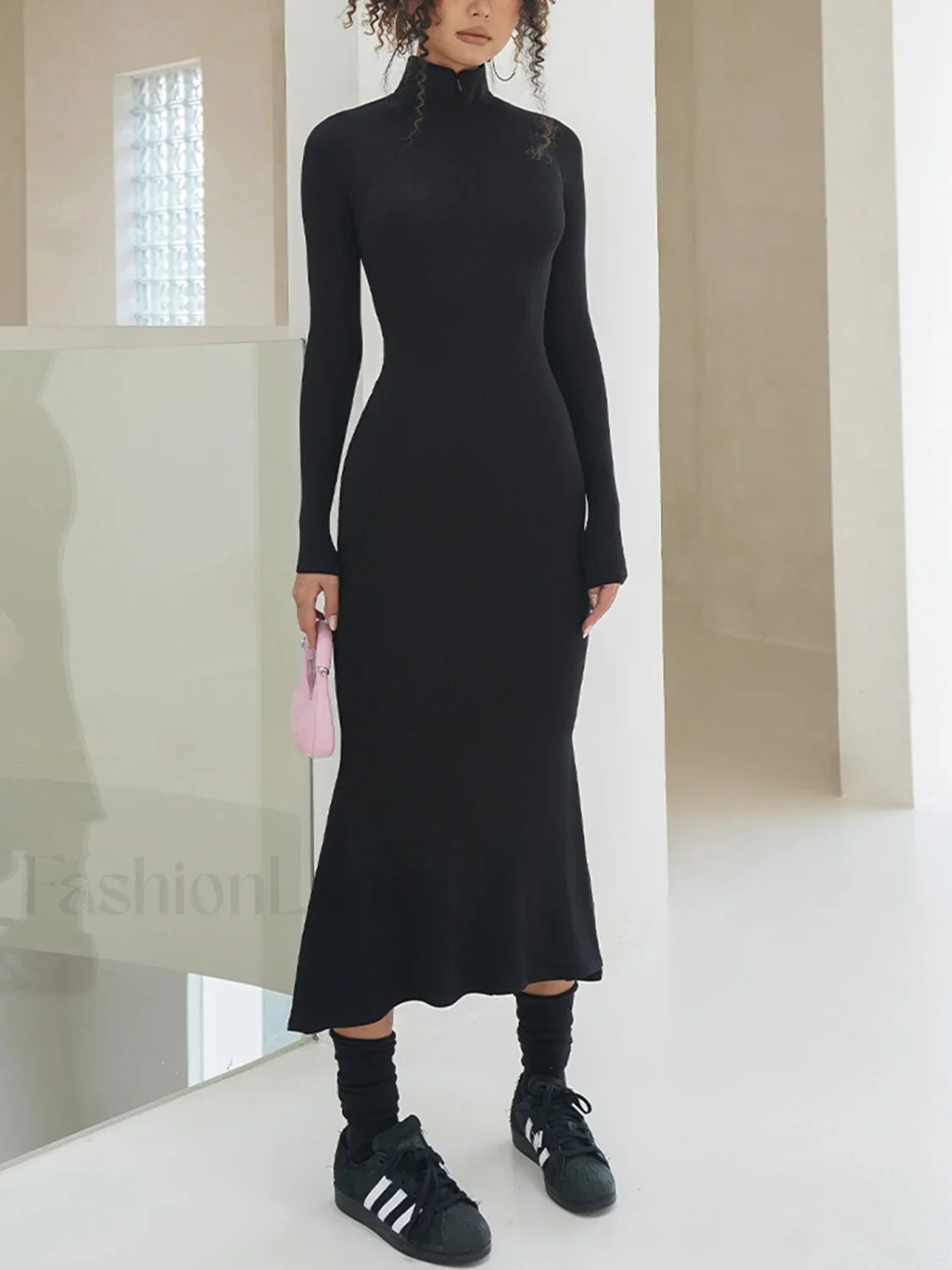 Leisure Mock Neck Trendy Long Sleeve Midi Dress