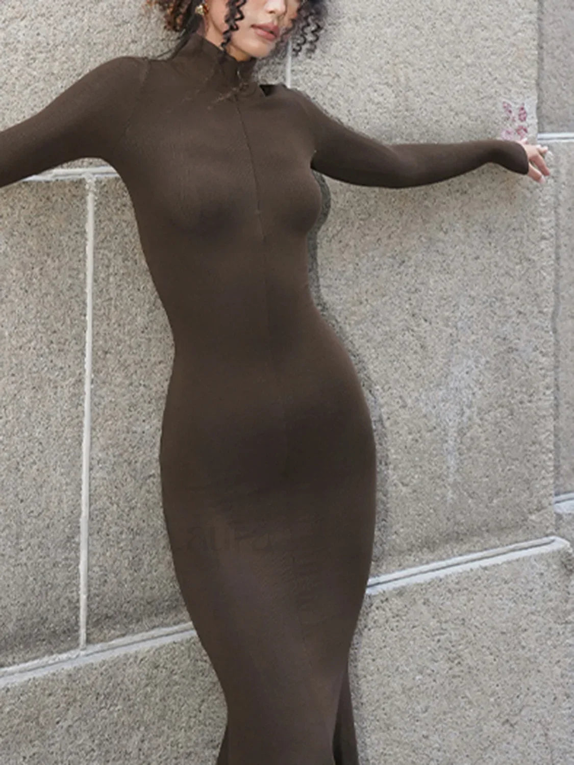 Leisure Mock Neck Trendy Long Sleeve Midi Dress