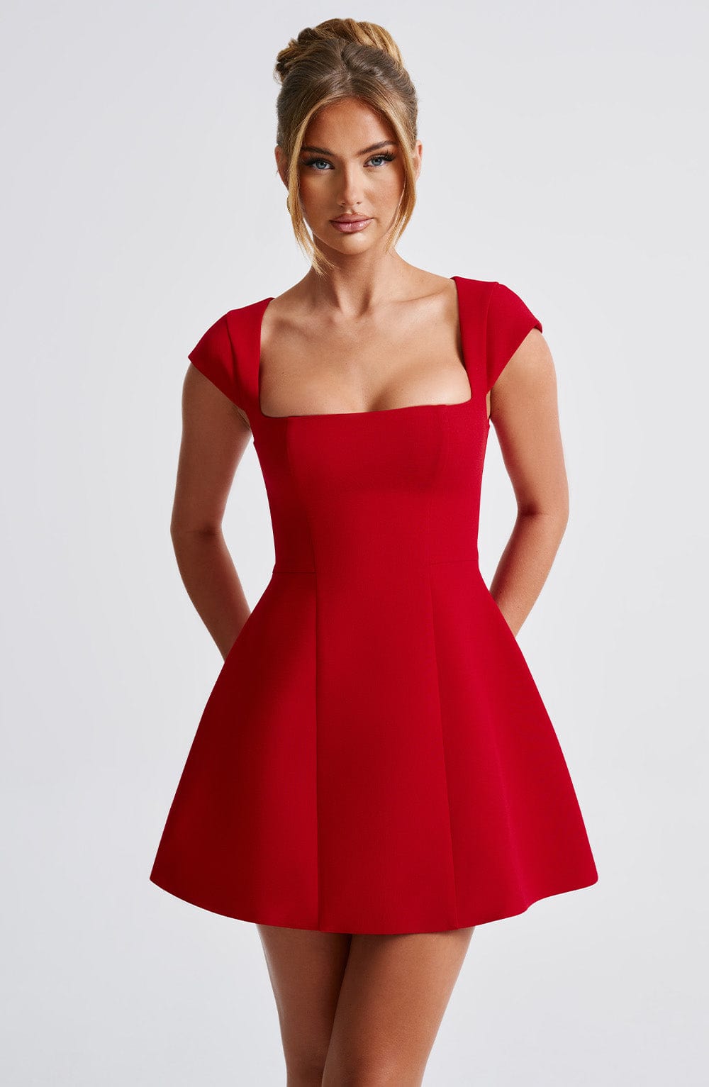 Square Neck Cap Sleeve Structured Puffball Mini Dress 8