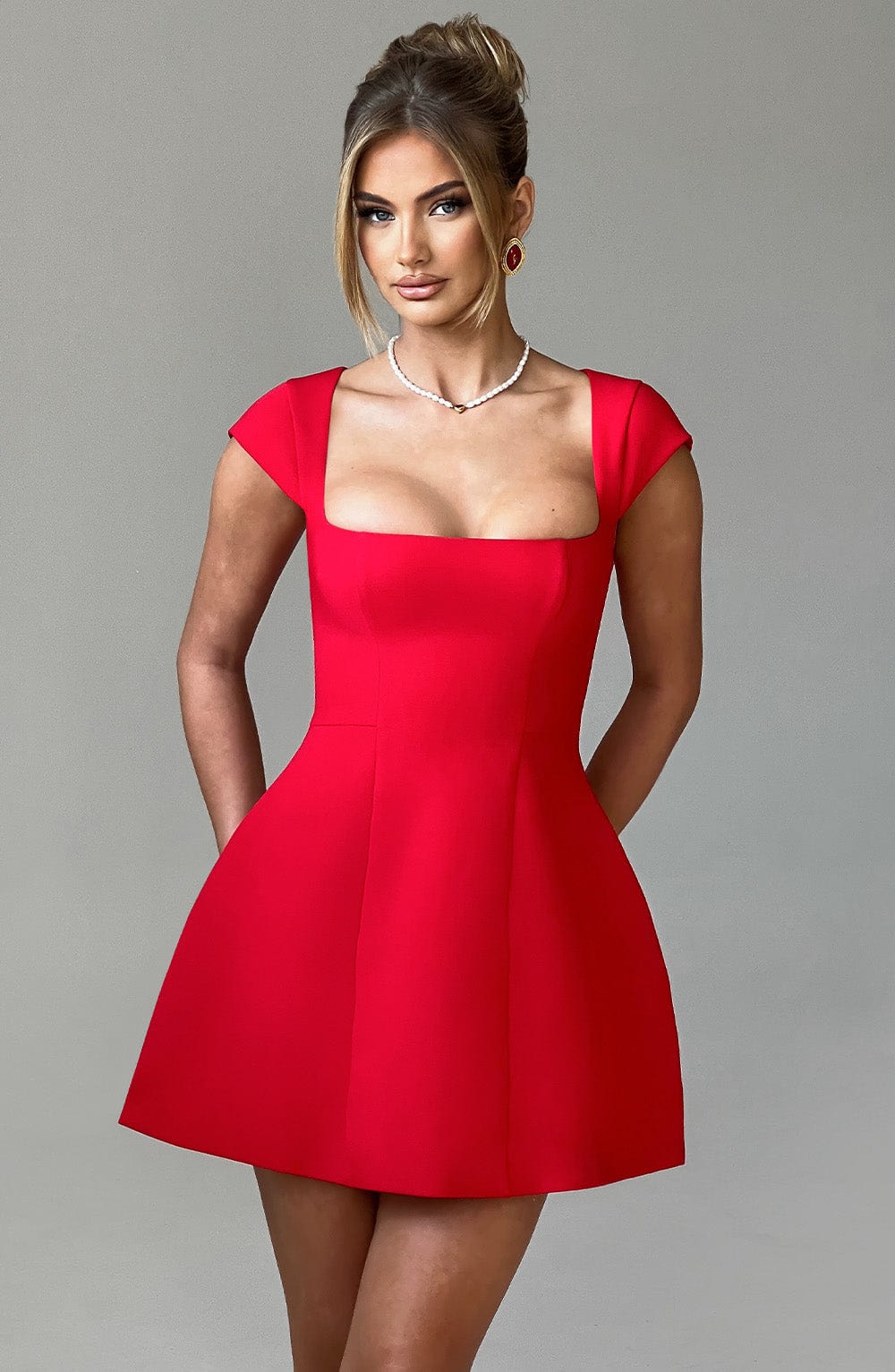 Square Neck Cap Sleeve Structured Puffball Mini Dress 10