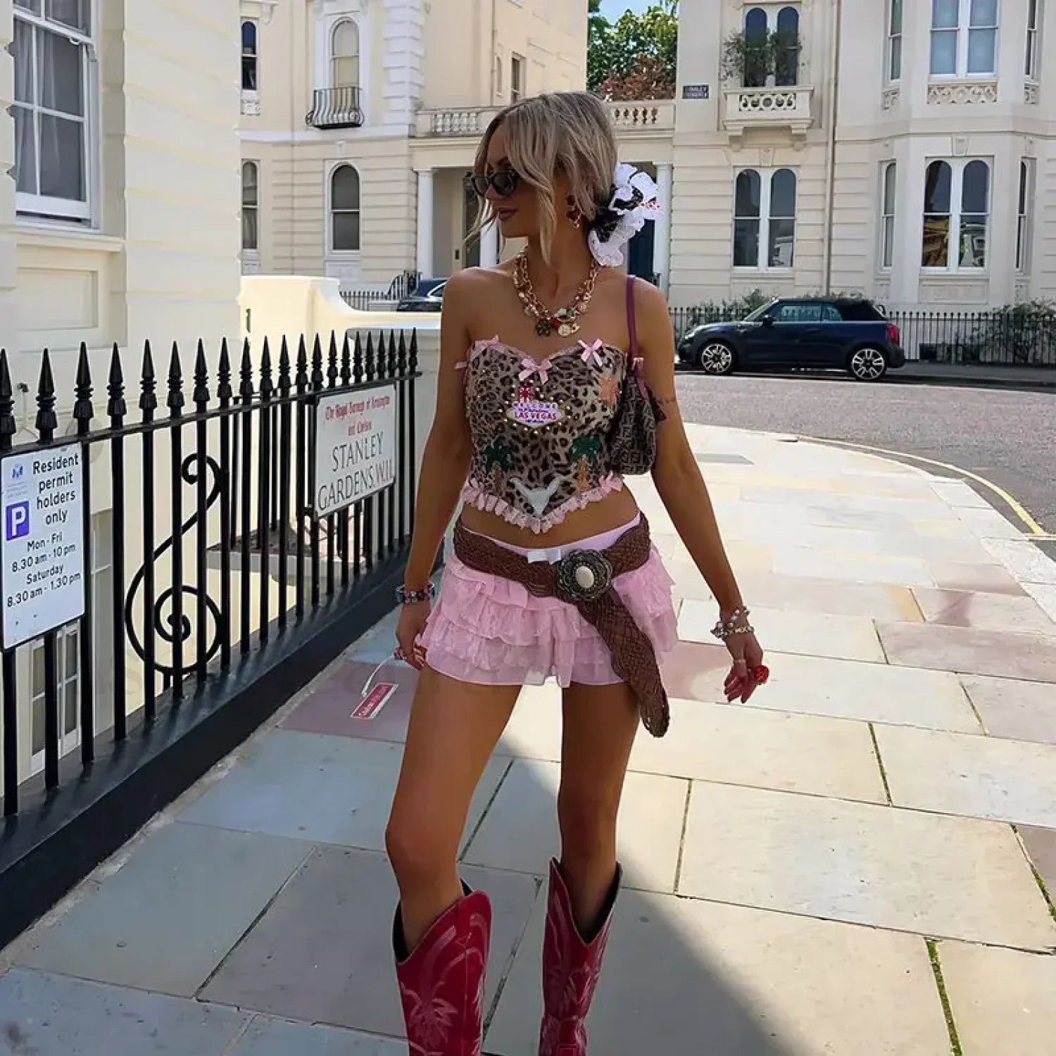 Leopard Lace Crop Top Skirt Set pink / S