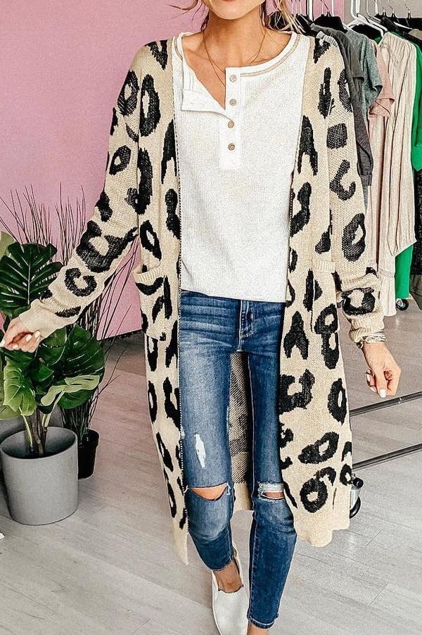 Leopard Print Long Sweater Coat