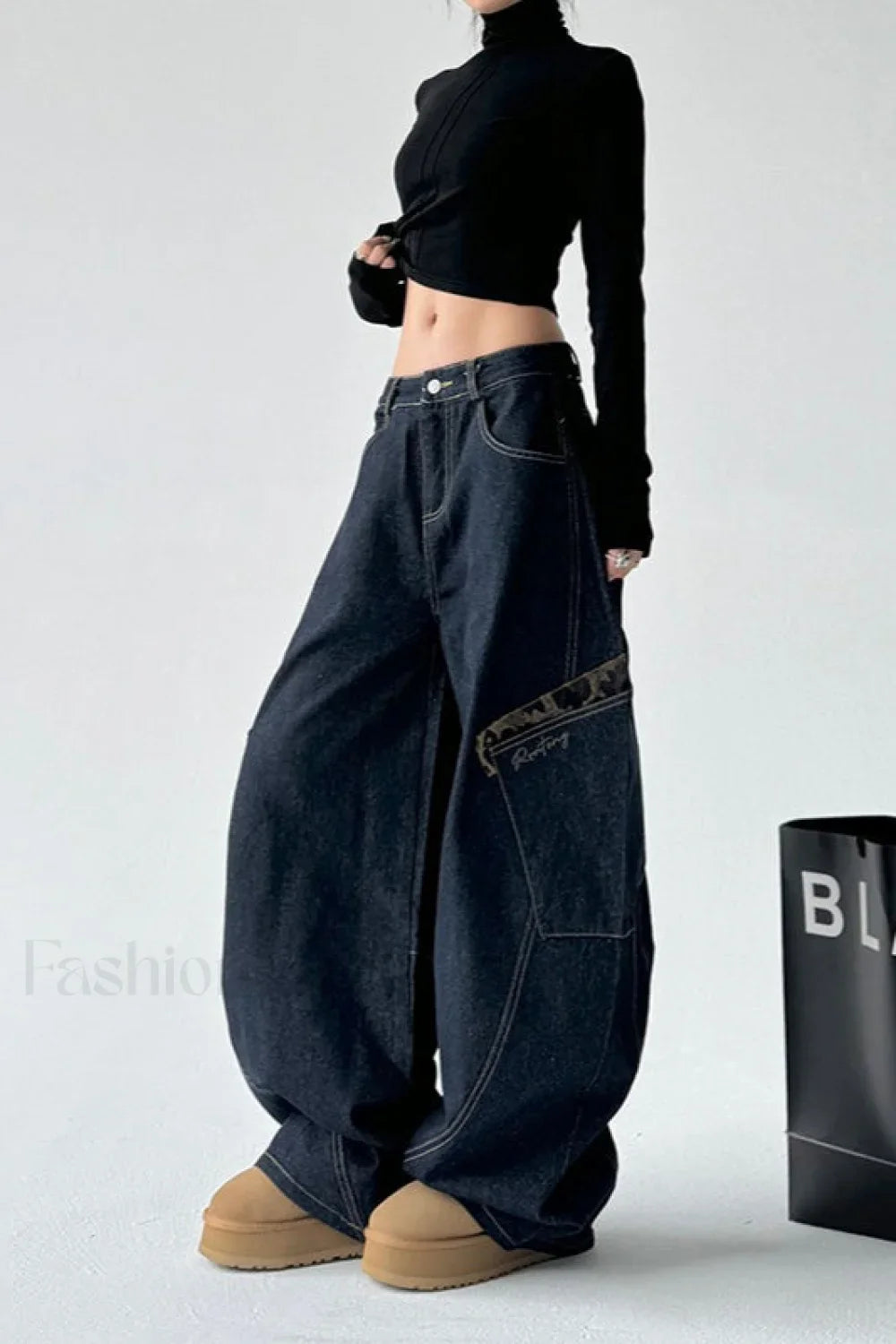 Leopard Spliced Vintage Wide Leg Jeans