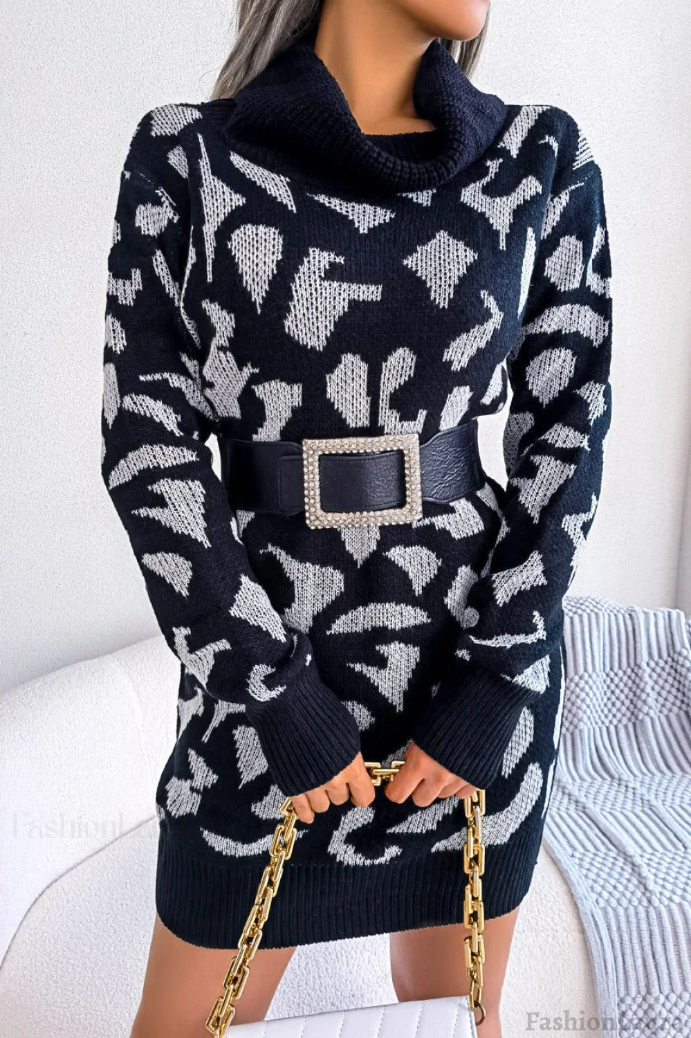 Leopard Turtleneck Sweater Dress