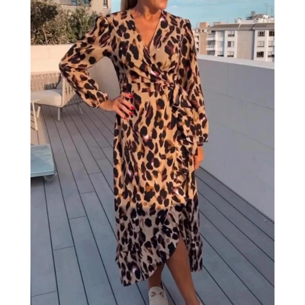 Zaida Premium Leopard Print V Neck Dress Elevated Occasion Wear