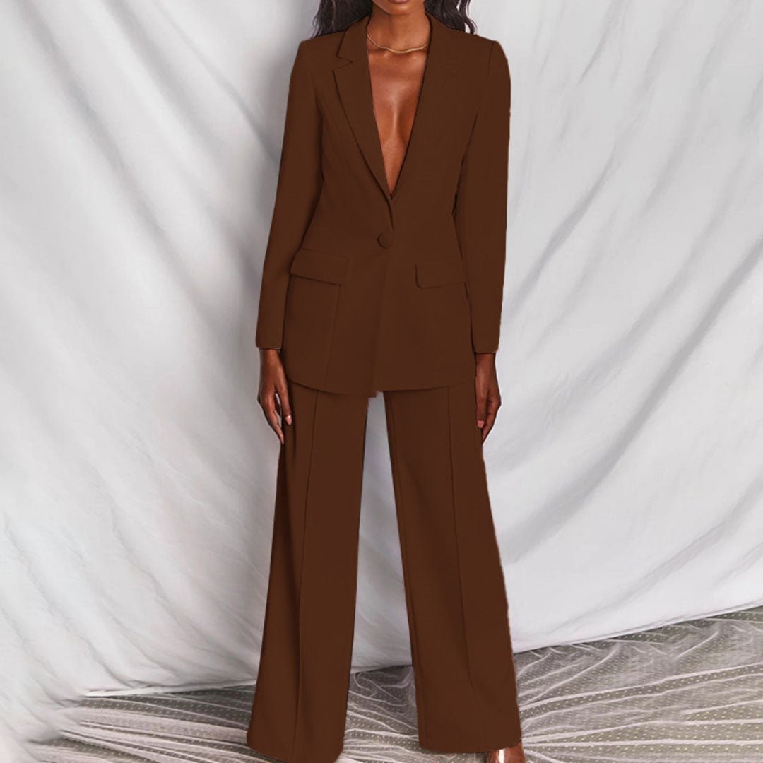 Deep V Blazer and Wide Leg Pants Two Piece Set
