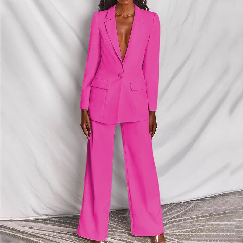 Deep V Blazer and Wide Leg Pants Two Piece Set