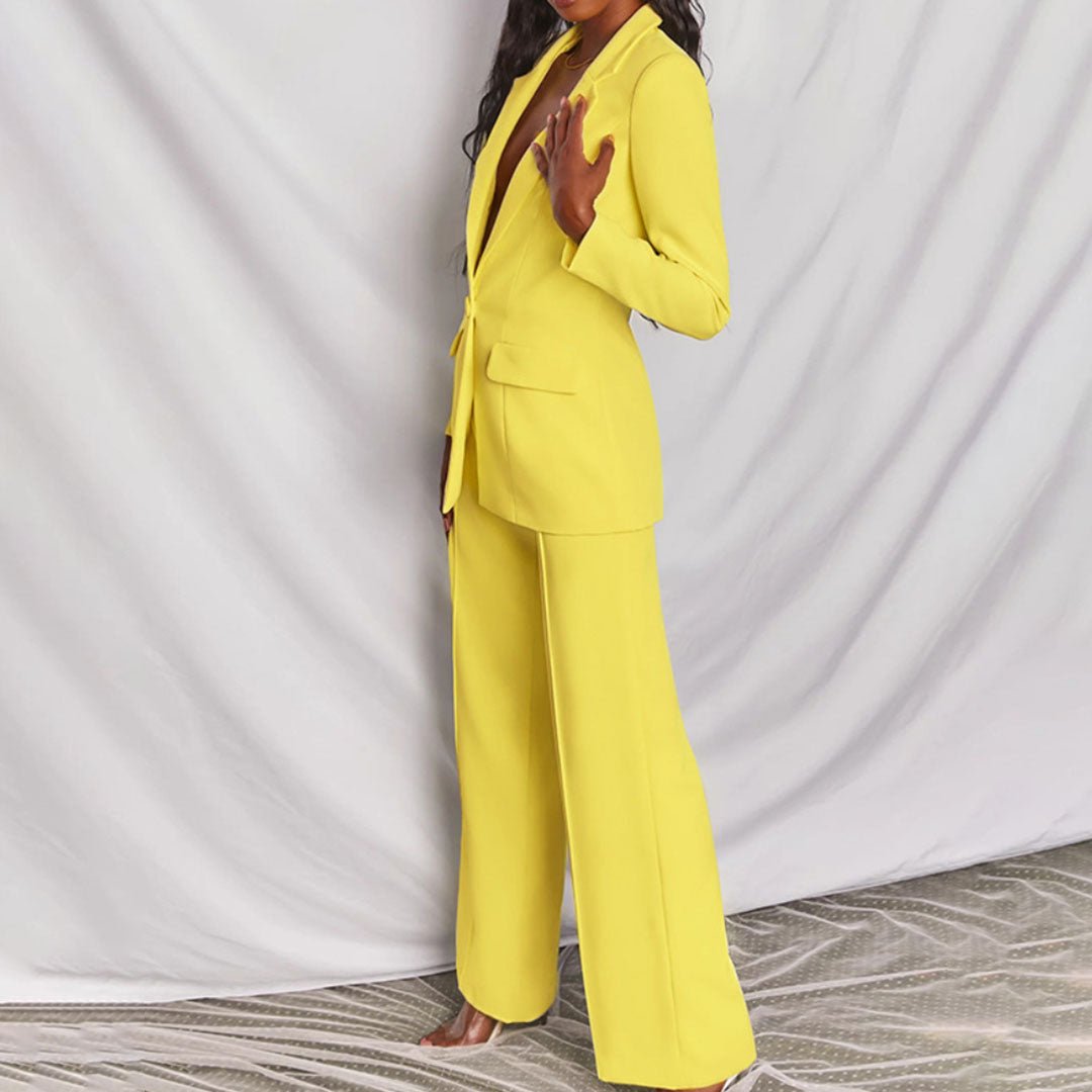 Deep V Blazer and Wide Leg Pants Two Piece Set
