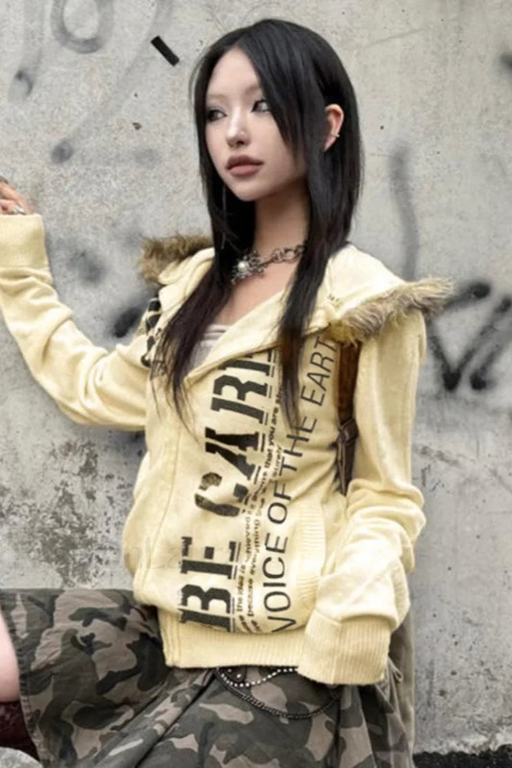 Letter Print Fur Detail Hoodie