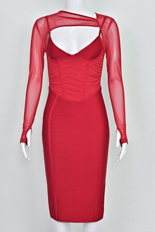 Lexi Long Sleeve Bodycon Midi Dress - Lipstick Red